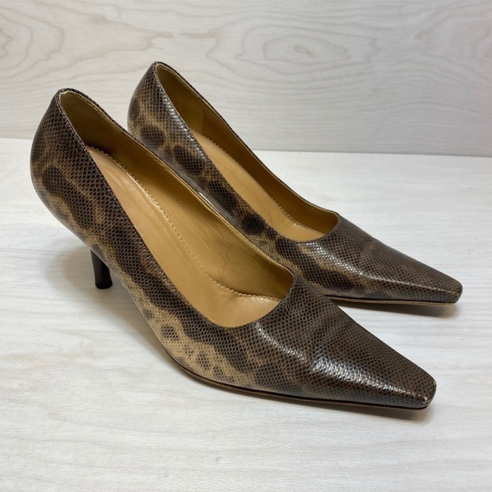 Gucci Leopard Snakeskin Print Pointed Toe Pumps Leather Heels Womens 7.5B